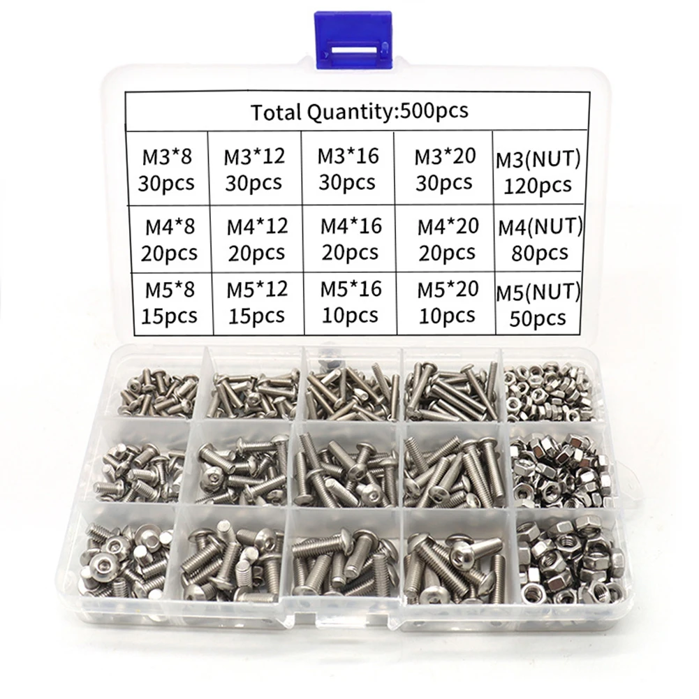 

500pcs Stainless Steel Hex Bolts And Nuts Set For Construction Furniture Repair Machine Tools Couplings Parts Accessories