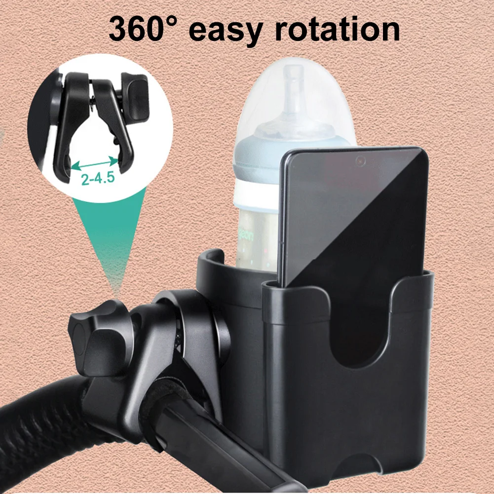 

2 in 1 Stroller Cup Holder with Phone Holder Childrens Stroller Bottle Holders 360° Rotatable Cup Phone Holder Pram Accessories