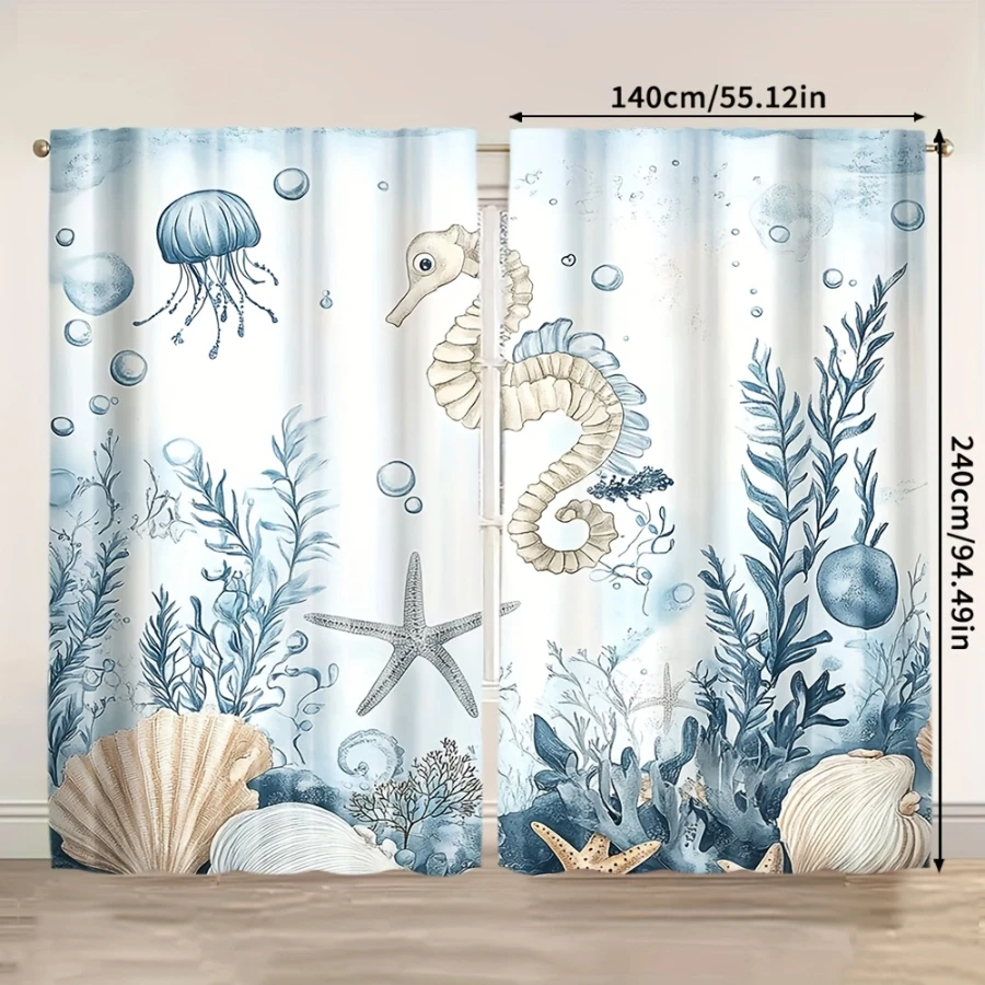 2PCS Digital Printed Curtains, Coral Seahorse Design, Nautical Ocean Style Rod Pocket Window Drapes for Living Room Decor