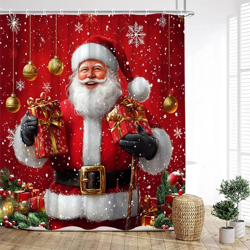 Funny Red Santa Claus Shower Curtain Gold Xmas Balls Gifts White Snowflakes Winter Christmas Bath Curtains Home Bathroom