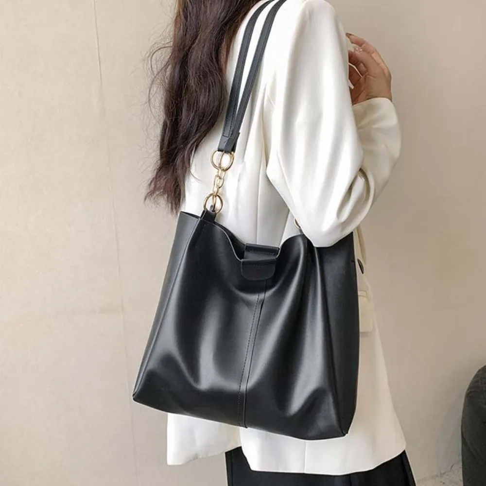 

Solid Color PU Tote Bag Anti-splash Water Magnetic Button Women Shoulder Pouch Handbag Lightweight Large Capacity Commuting Bag