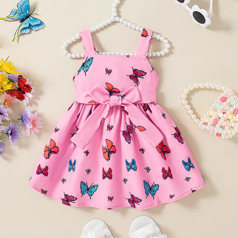 Summer New Butterfly Bow Baby Girl Dress, Korean Style Children\'S Sleeveless Clothes With Hair Straps (6 Months -3 Years Old)