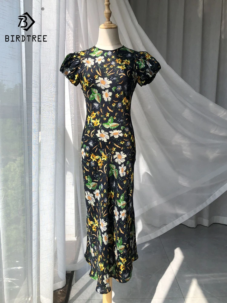 

BirdTree-45%Silk 55%Rayon Elegant Dress, Women O Neck Puff Sleeve Floral Print, French Retro Party Dresses, 2025 Summer D56232CC