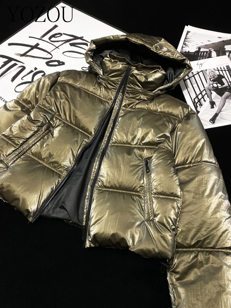 [YOZOU] Winter Warm Luxury Shiny Khaki Hooded Short Padded Puffer Jacket Parkas Korean Outwear Thick Zipper Coat Women