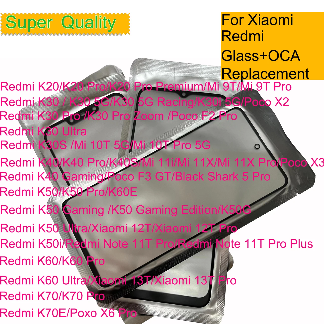 

10Pcs/Lot For Xiaomi Redmi K70 K70E K60 K60E K50 Gaming K40 K30 K20 Pro Touch Screen Panel Front Outer Lens LCD Glass With OCA