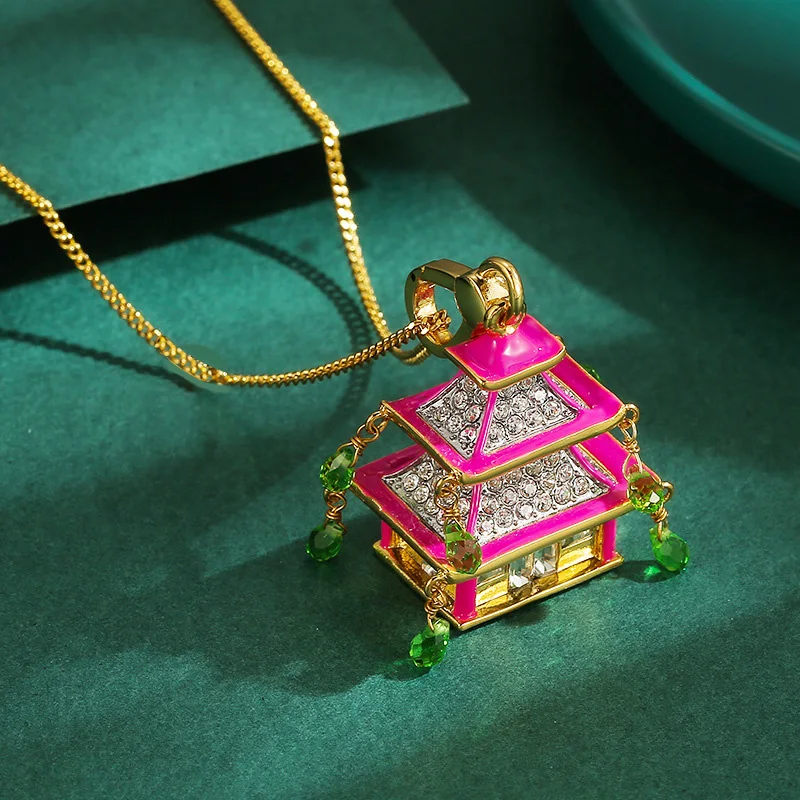 

1Pc Enamel Temple Water Drop Tassel Pendant Necklace, Fashion Diamond Crystal House Sweater Chain Decor Pendant, Jewelry Gifts