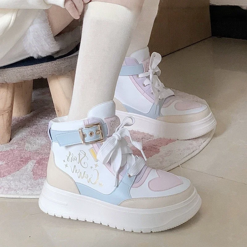 NEW 2024 Macaron Campus Style Lolita Sneakers Are Cute and Sweet All-match Autumn and Winter Thick-soled Height-increasing Shoes