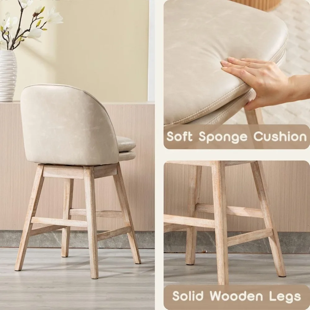 Современные вращающиеся барные стулья из искусственной кожи середины века, набор из 2 шт., с деревянными ножками и спинками
