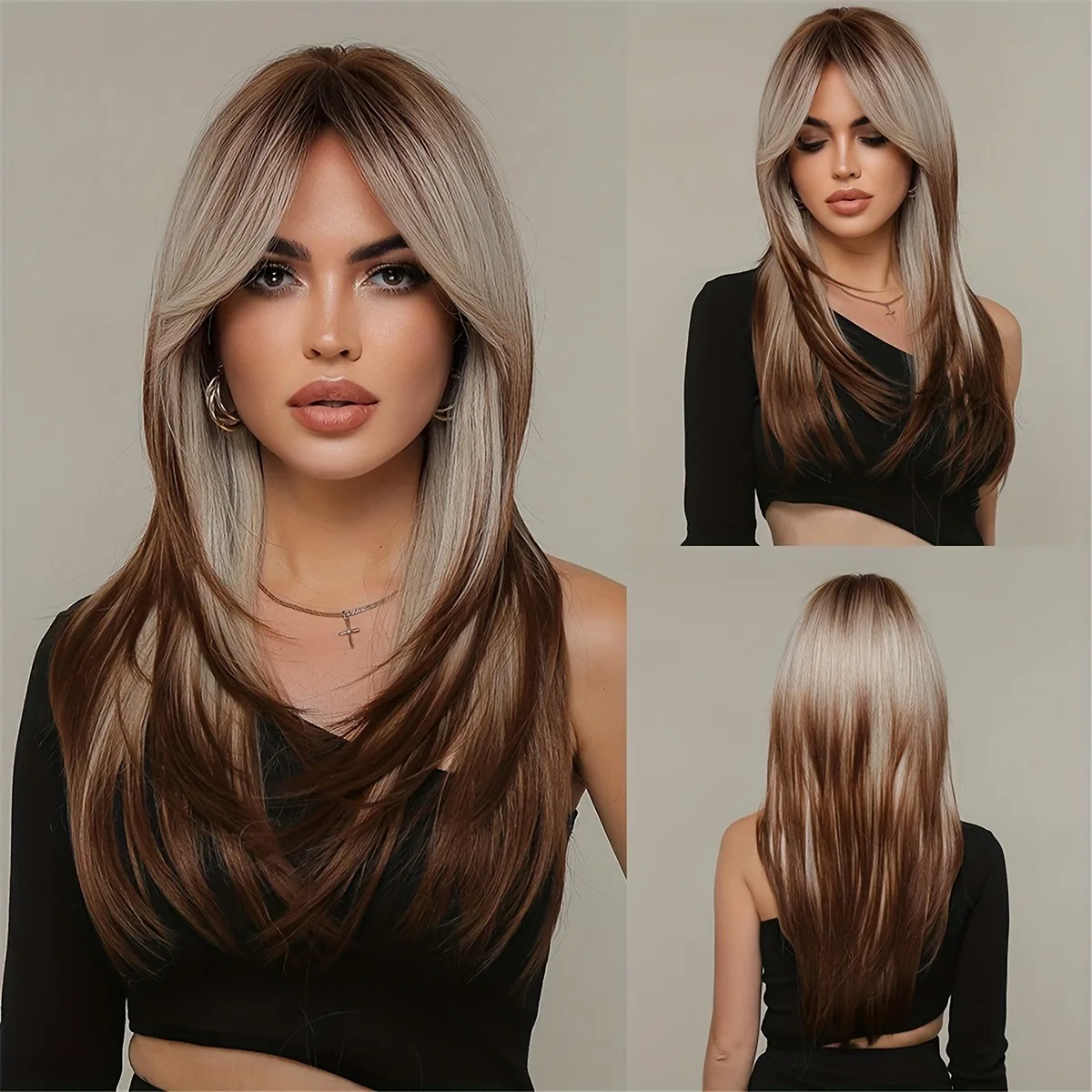 

Cos wig lady Qi bangs brown gradual change long hair micro curl natural layered chemical fiber headgear