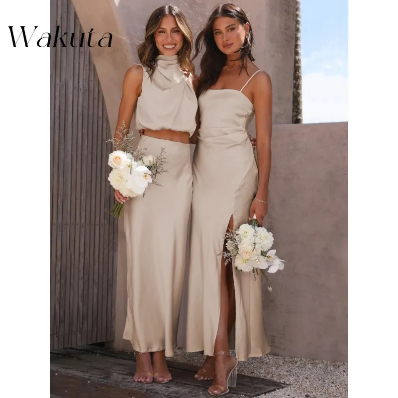 WAKUTA American Vintage Bib Sleeveless Tanks Sexy Wrap Hip Draped Halter Long Skirt Casual Fashion Suit Женский Вязаный Костюм