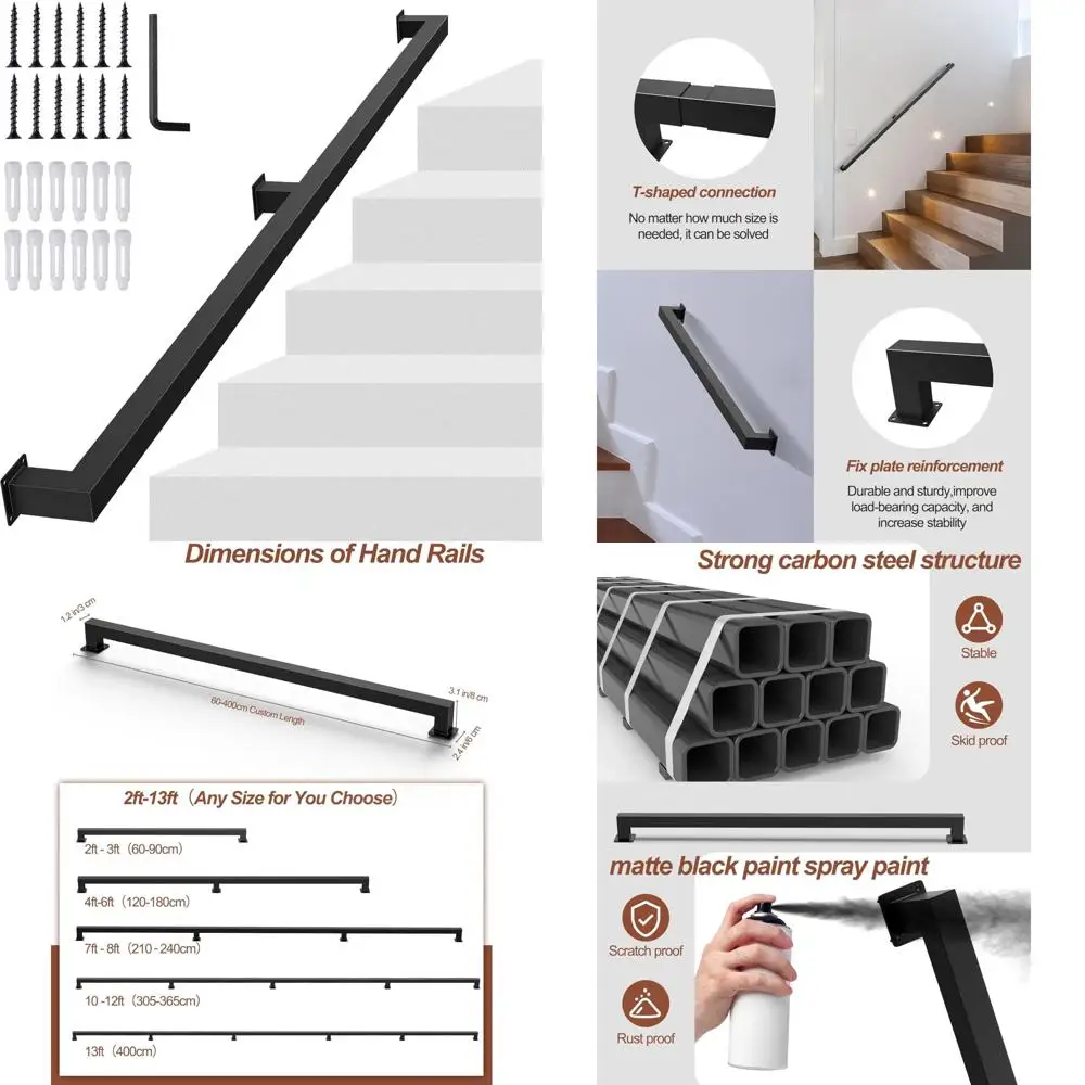 درابزين درج داخلي معدني صناعي، أنبوب مربع أسود غير لامع، سعة تحميل 500 رطل، حامل على الحائط، طول 6 أقدام، راي درج متين #1