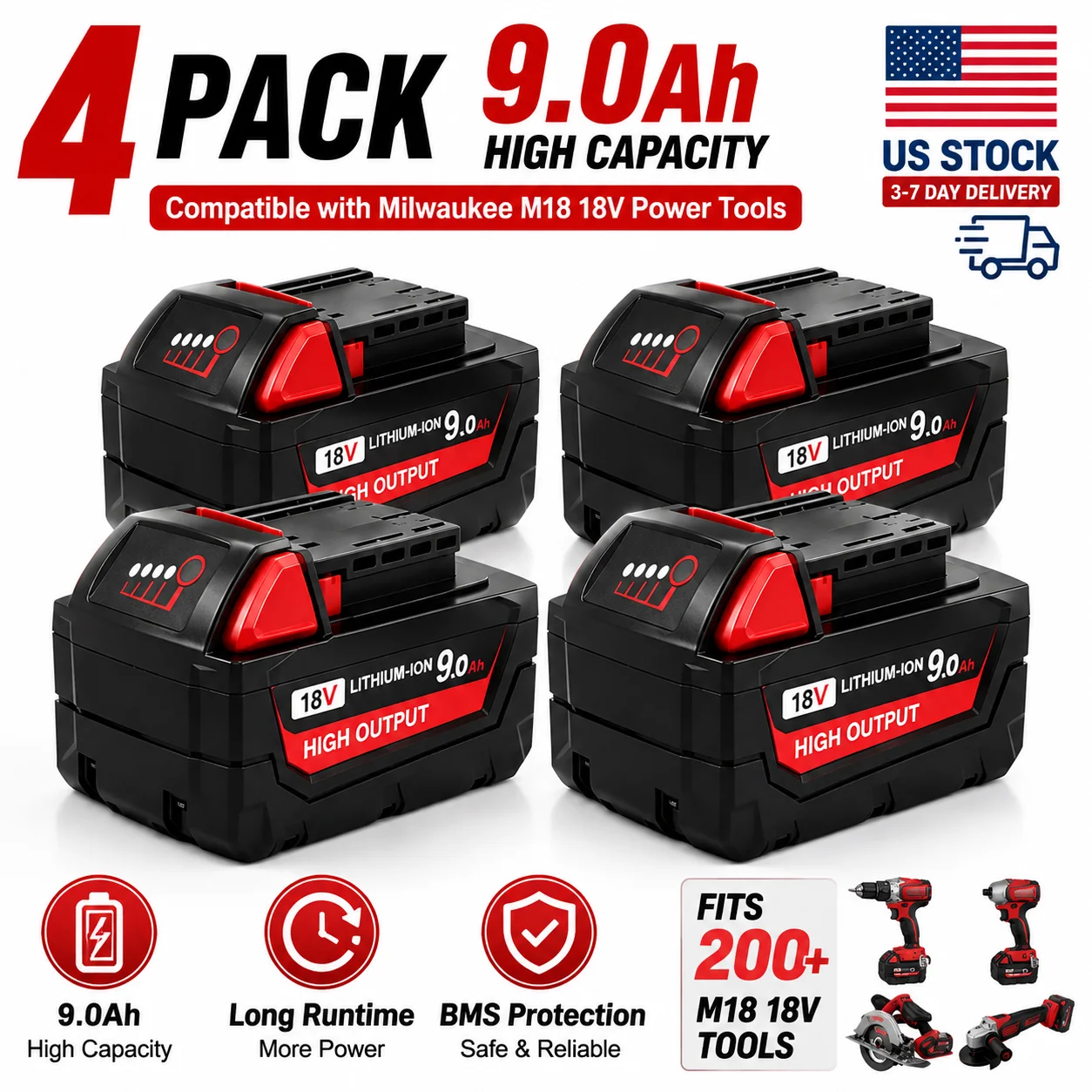 4 Pack 18V Li-ion Replacement Battery Compatible with Milwaukee M18 Tools, Rechargeable Battery Pack for 48-11-2402 48-11-2411 M18B5