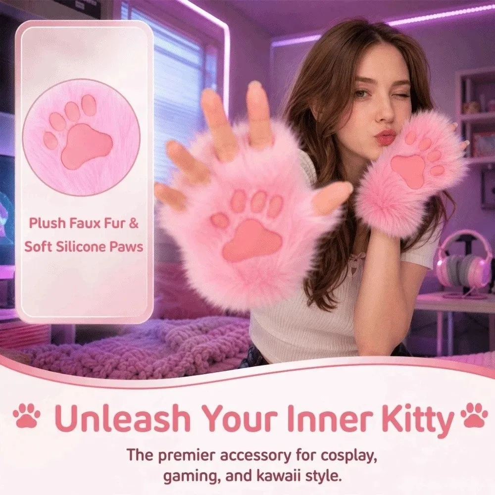 Silicone Soft Pad Long Hair Paw Gloves Cartoon Thicken Cat Dog Wolf Animal Paw Gloves Kawaii Plush Furry Fursuit Kigurumi Gloves