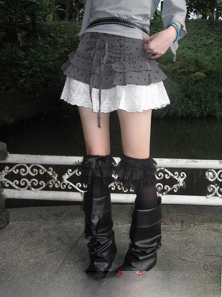 

High Waist Polka Dot f Skirt for Women Spliced Design A-Line ort Skirt Daily Wear Polyester Fiber Gathered Waistline