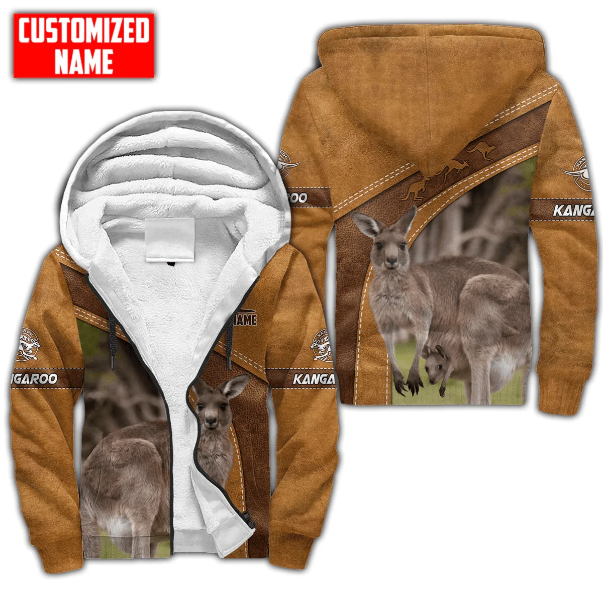 Custom Name Kangaroo & Deer 3D Printed Mens Winter Thicker Zip Hoodie Unisex Casual Hooded Tracksuit Warm Fleece Jacket KD28