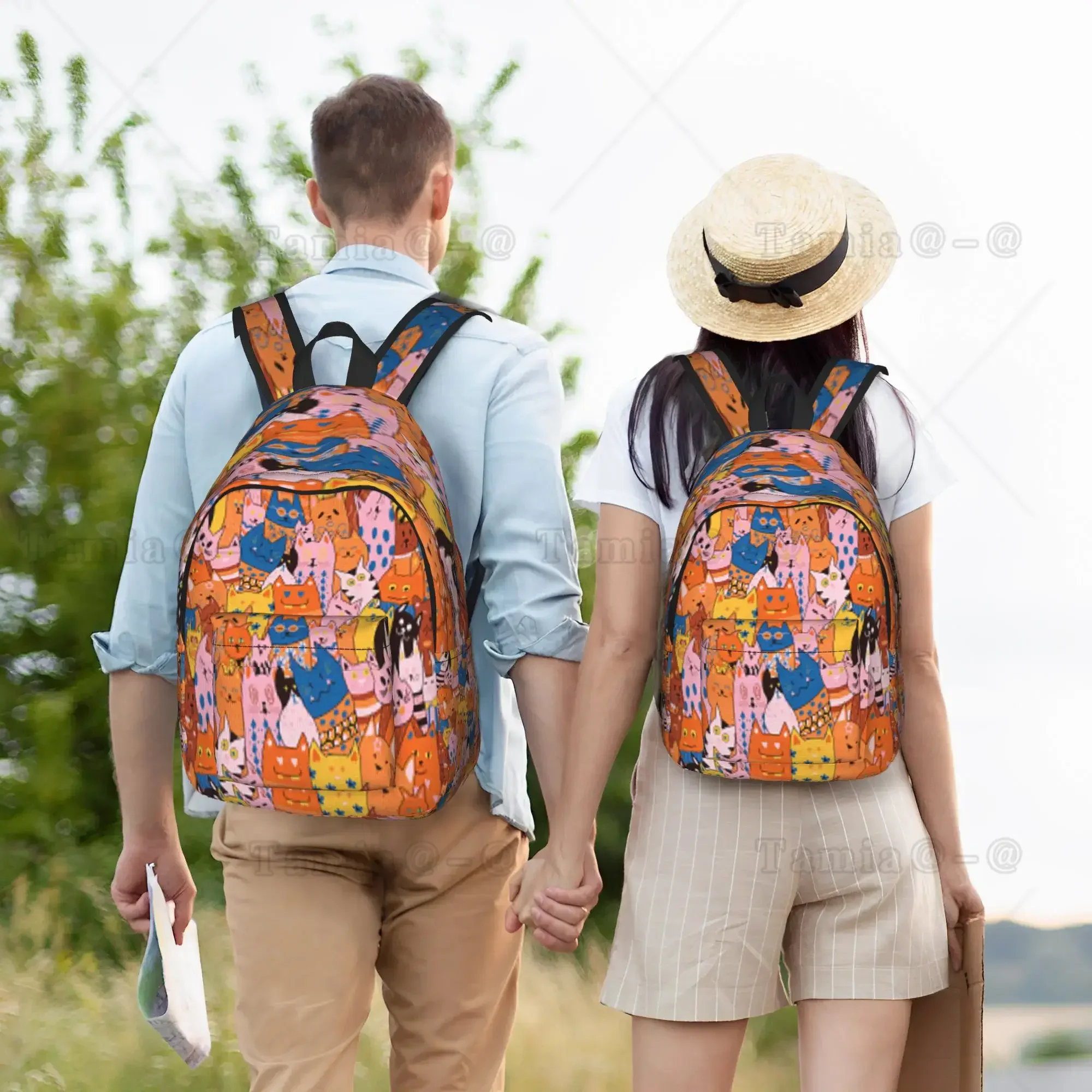 Cute Cats Animal Cartoon Doodle Backpack  Hiking Backpacks Men Streetwear School Bags Colorful Soft Rucksack