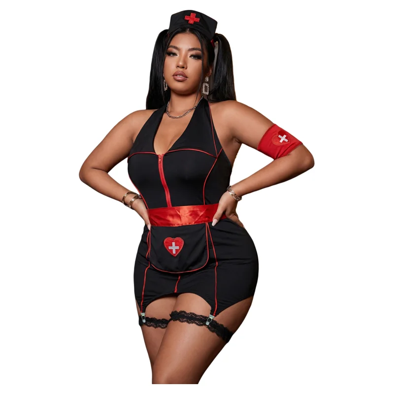 Conjunto de lencería sexy de uniforme de enfermera negra de talla grande para mujer con top halter de Cruz Roja, tanga, diadema y delantal gratis