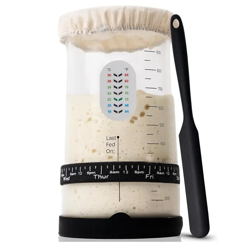

MCGS-Pro Sourdough Starter Kit-42Oz Glass Sourdough Starter Jar-Wide Mouth Design Cloth Cover& Spatula Thermograph