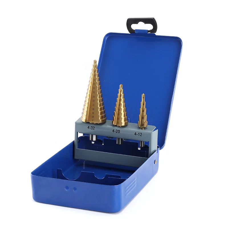 

HSS STEP DRILLS 3 PIECE SET 4mm - 32mm HOLE SIZES IN METAL CASE, BLUE SPOT 20504