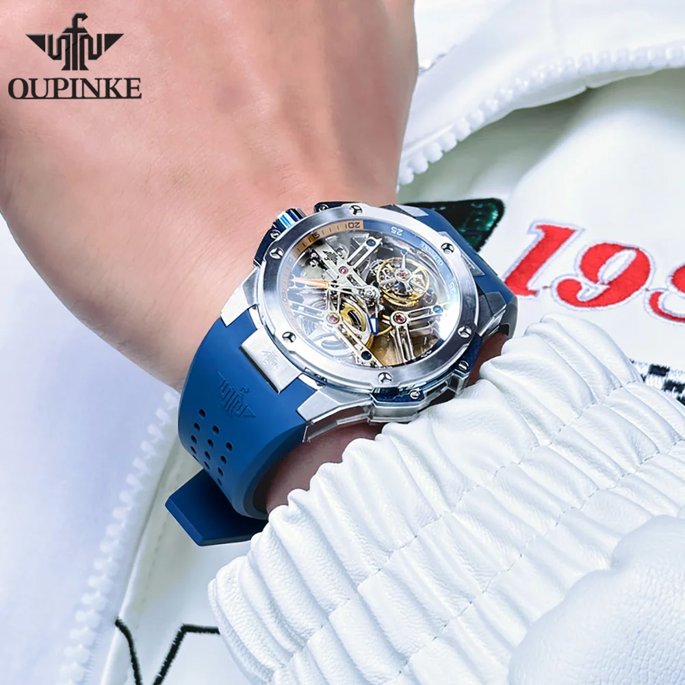 OUPINKE Tourbillon Hollow Men Mechanical Watch Silicone Waterproof Large Dial Sapphire Men Automatic Watch Genuine Reloj 8003