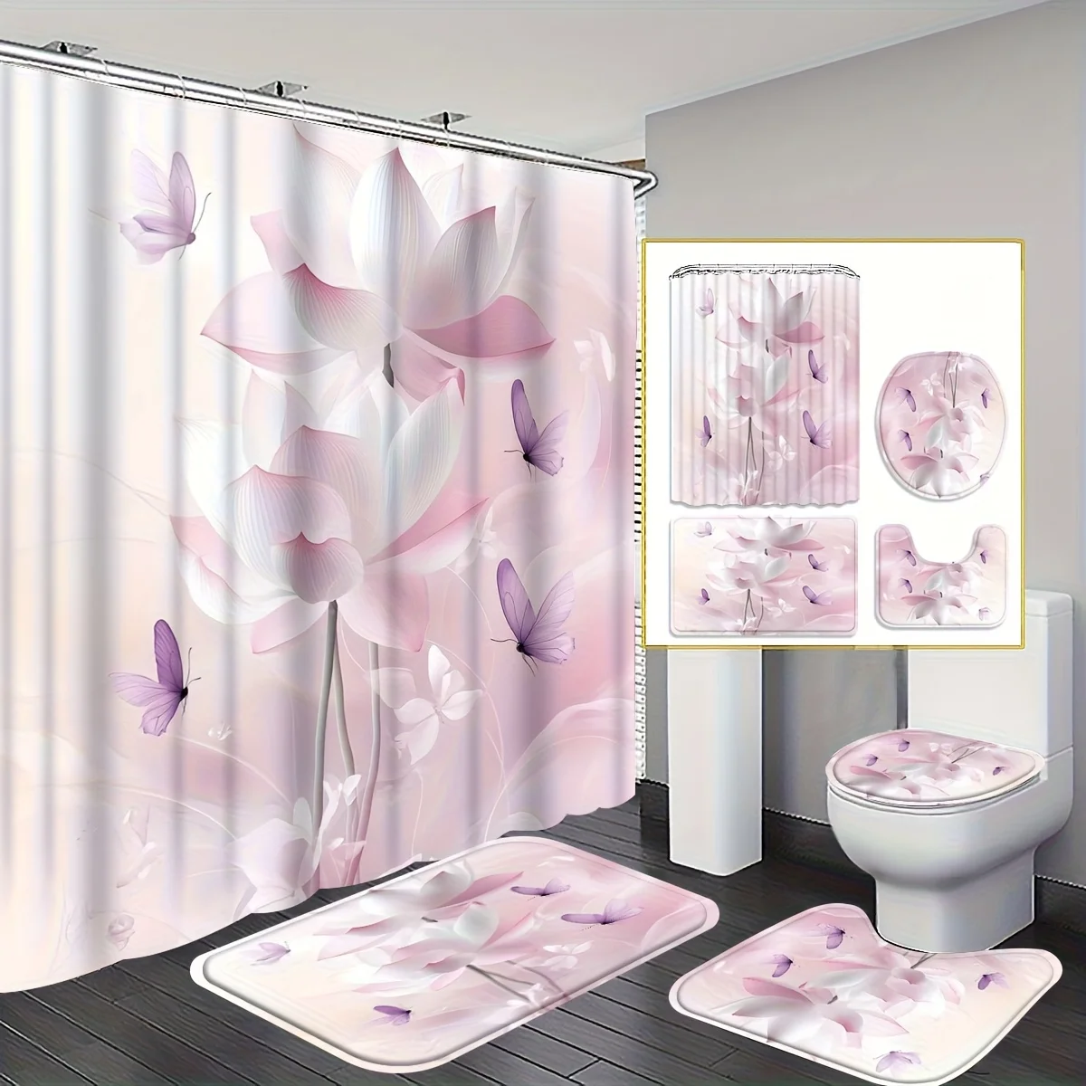 

Набор для ванной комнаты с узором лотоса, включает занавеску для душа, коврик для ванной, U-образный коврик и чехол на сиденье унитаза, с крючками.