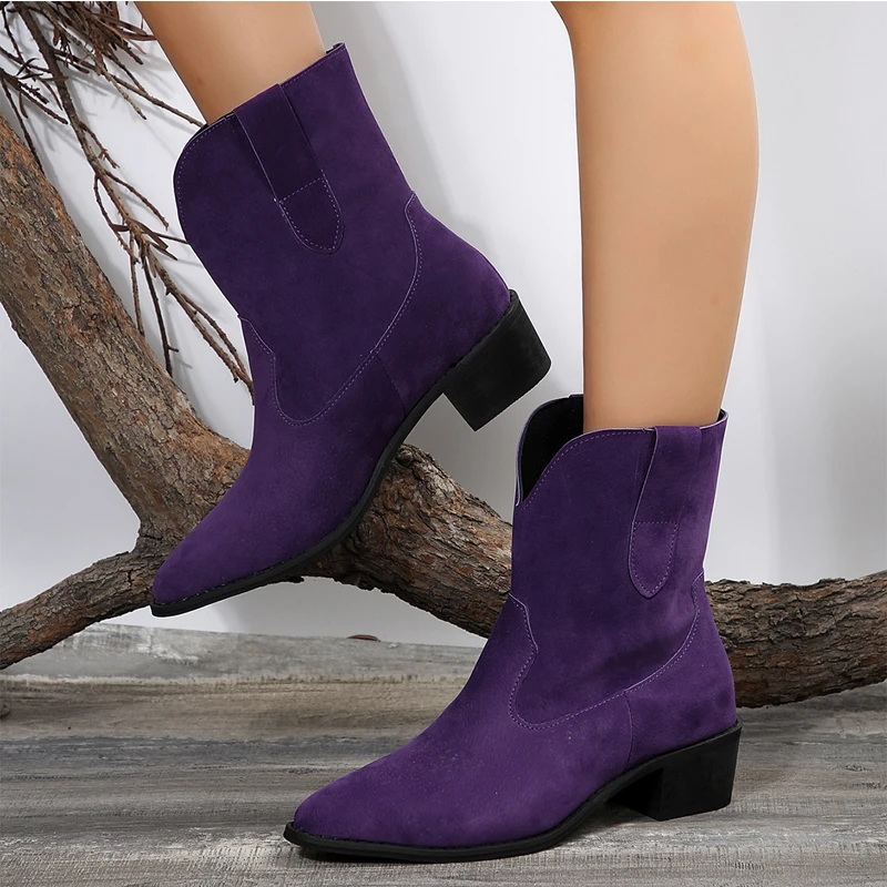 Artifical Suede Leather Women Boots Fashion Purple Pointed Toe Spike Heel Autumn Winter Cowboy Booties Ladies Pink Western Botas