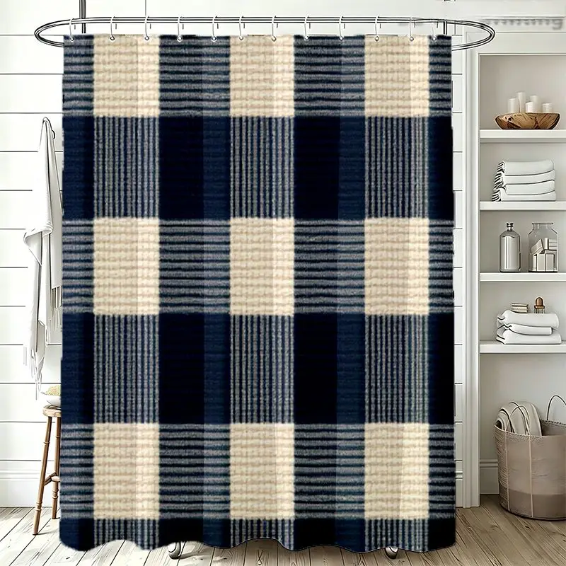 Waterproof Buffalo Plaid Shower Curtain Navy Blue and Cream Check Pattern for Bathroom Home Decor Accessories Plaid Liner