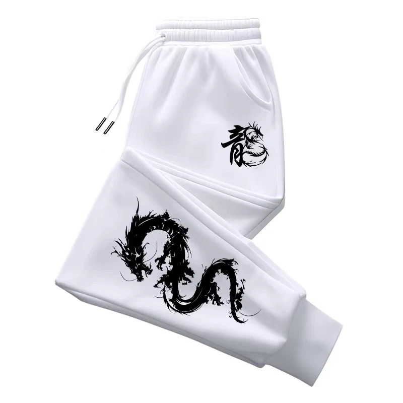Unisex Jogginghose mit chinesischem Drachen-Grafikdruck, für Damen und Herren, locker geschnitten, weiß, mit Kordelzug, lässige Streetwear-Trainingshose. – Detail 5