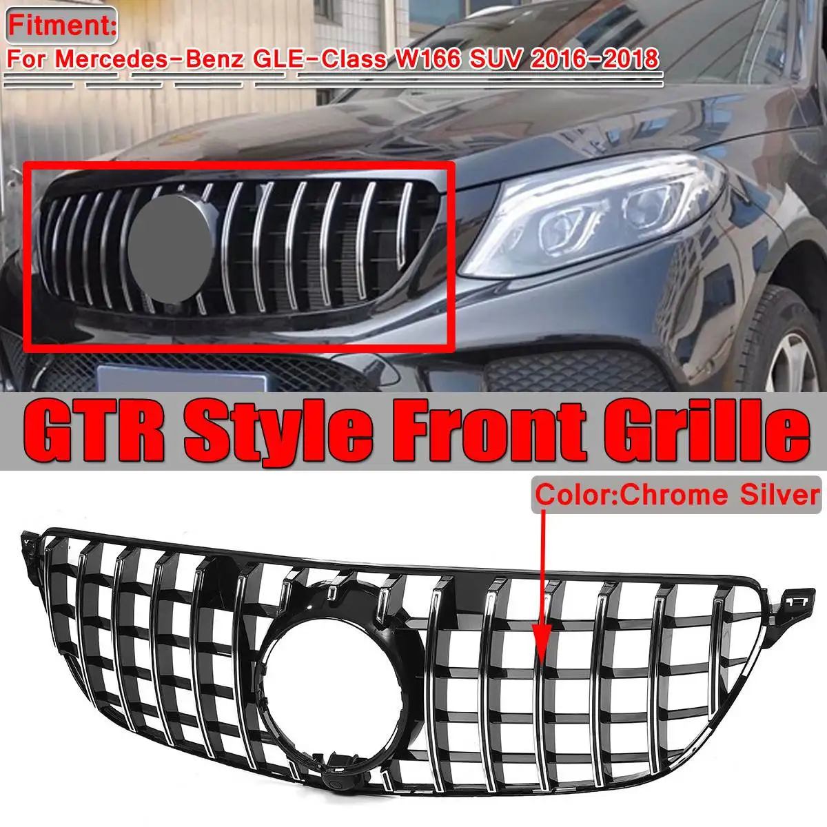 Chrome Silver GT R Style Car Front Bumper Grille Grill For Mercedes For Benz GLE Class W166 SUV 2016-2018 ABS Racing Grills