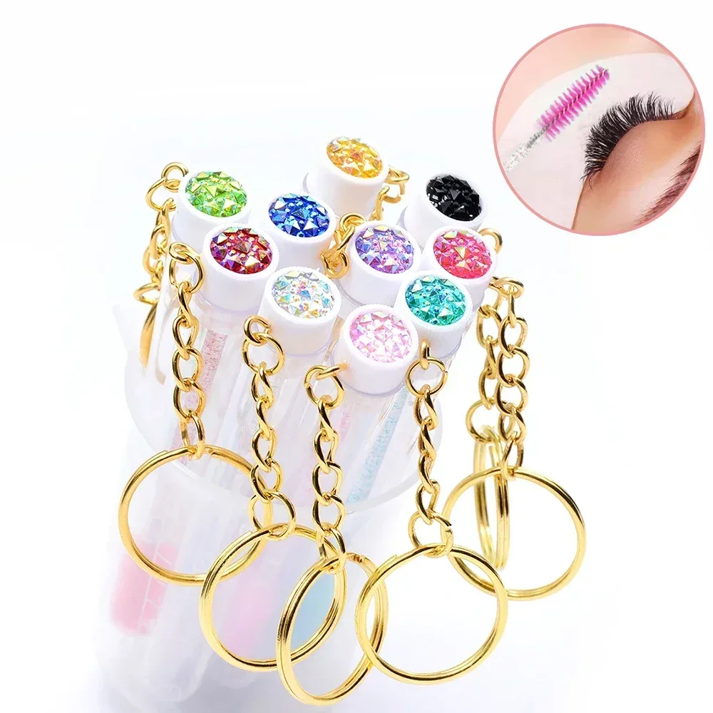 10pcs Reusable Eyelash Brush Tubes Set Sparkling Mascara Wands with Gold Keychain Lash Spoolies Comb Brushes for Makeup