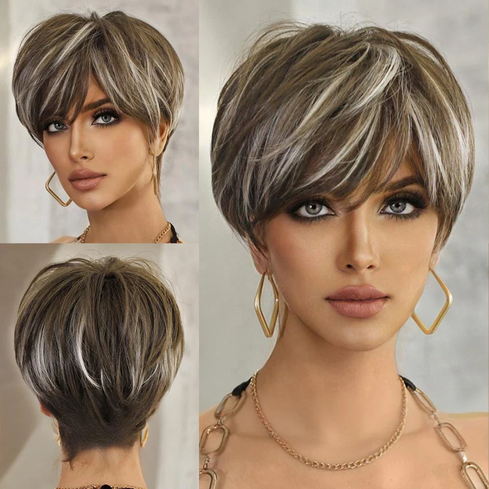 ผมสังเคราะห์สั้นหยิกสีน้ำตาลทองขนาด 8 นิ้วพร้อมหน้าม้าเป็นวิกผมทนความร้อนตามธรรมชาติเหมาะสำหรับงานปาร์ตี้ประจำวันของผู้หญิง