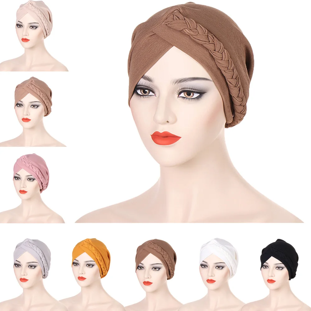 Forehead Cross Turban Bonnet For Women Pure Color Top Knot Braid Inner Hijabs Indian Wrap Hijab Underscarf Caps Muslim Headdress