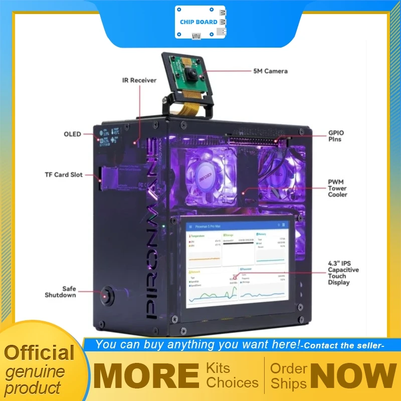 

Корпус Pironman 5 Pro Max для Raspberry Pi 5 с 4,3-дюймовым сенсорным экраном, креплением для камеры, динамиками и USB-микрофоном