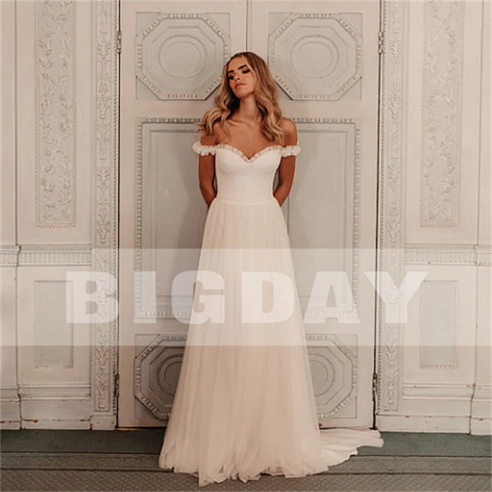 فساتين زفاف مطوي من التل على شكل حرف a 2025 على شكل قلب عاري الكتفين مفتوح الظهر فستان زفاف Vestidos De Noiva مخصص