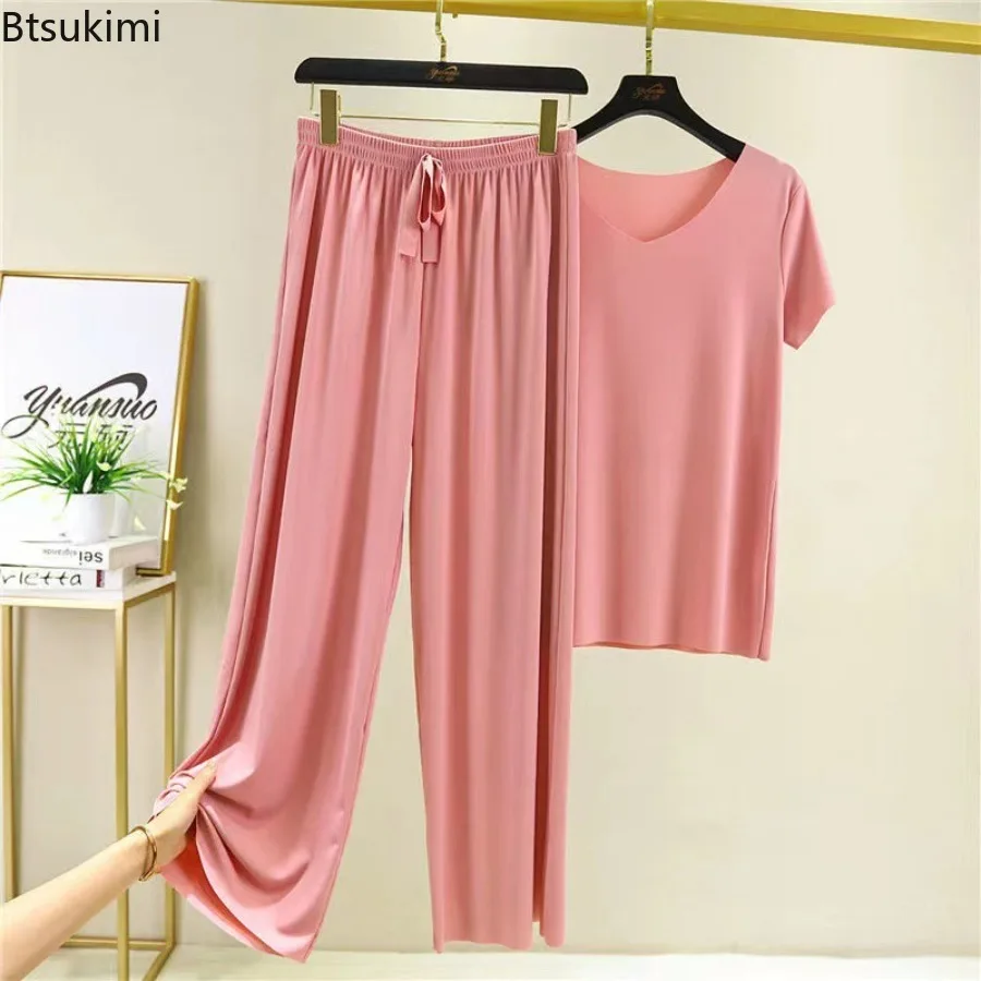 New 2026 Summer Women's Home Clothes Suit of House Living Room Wear Loose Homewear Pants Two Piece Set for Women Ice Silk Pajama
