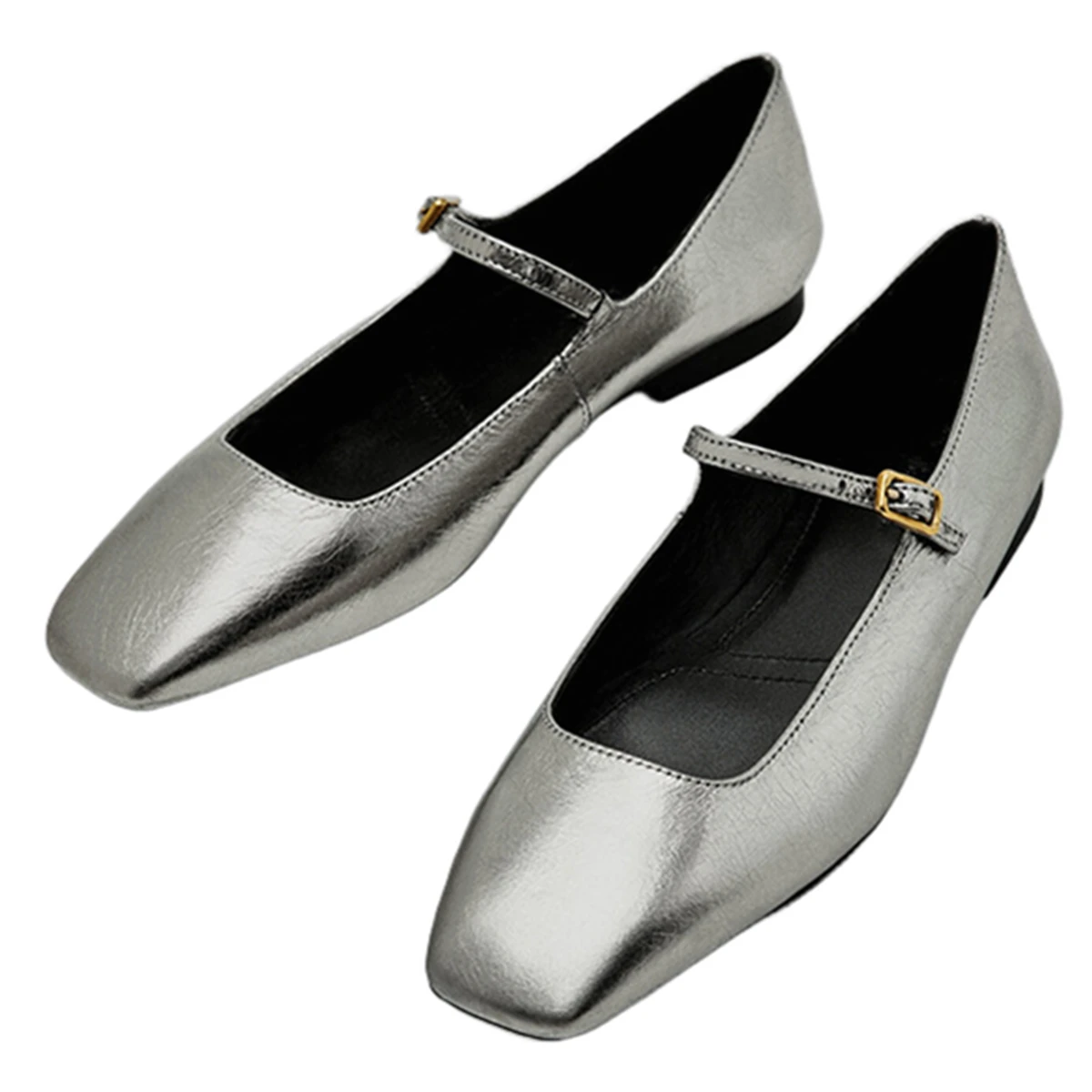

Jenny&Dave 2026 New Minimalist Women's Loafers Shoes French Retro Square Toe Silver Genuine Leather Flat Mary Jane Shoes Women