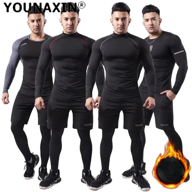 3 قطع الرجال أفخم الدافئة الرياضة البدلة الحرارية تي شيرت الشتاء التدريب تشغيل السراويل الجوارب السراويل اليوغا قاعدة اللياقة البدنية الملابس مجموعة #1