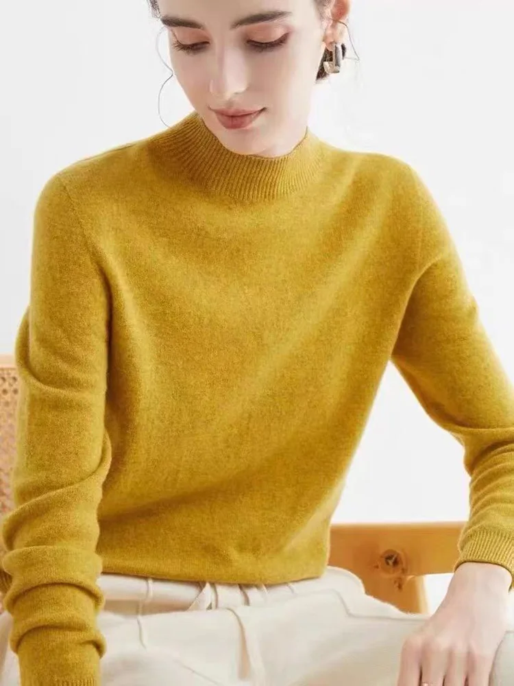 

New 100% Cashmere Basic Top Long Sleeve Women Mock turtleneck Knitted Sweater Pure Merino Wool Pullover Clothing Knitwear Tops