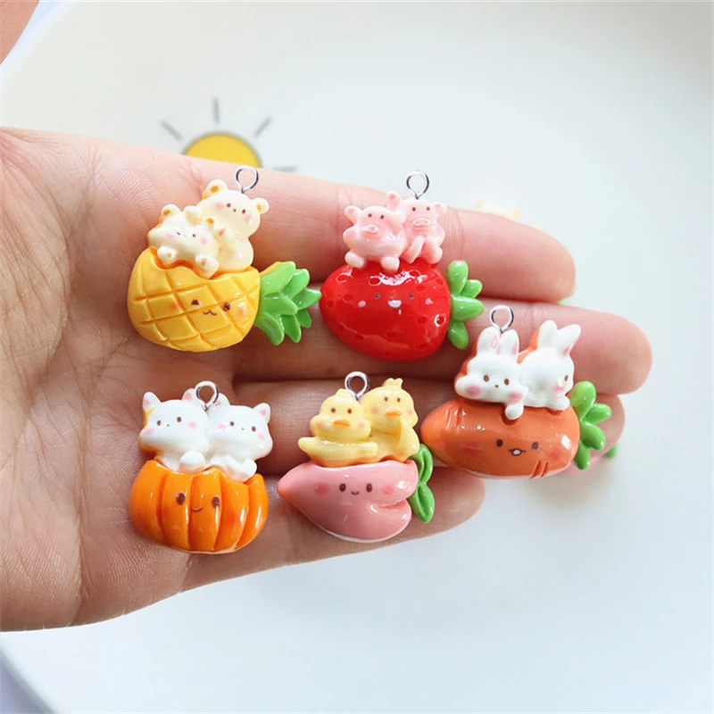 Frutas e vegetais resina encantos, coelho, porco, coelho, encantos, pingente, chaveiro, diy, fazer jóias, c1569, 10pcs