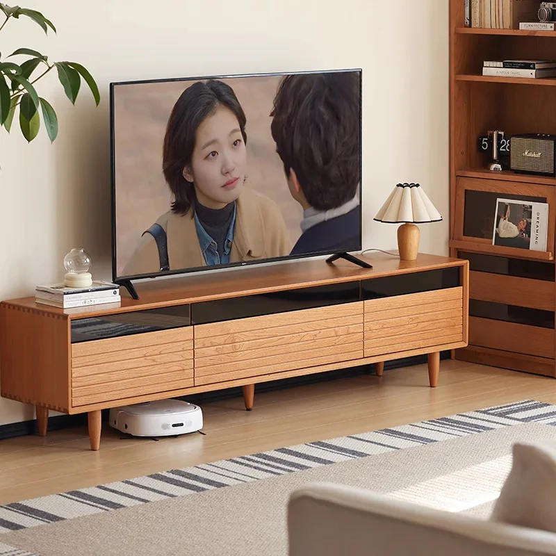 Cherry wood solid wood log TV cabinet small apartment floor cabinet living room audio and video cabinet