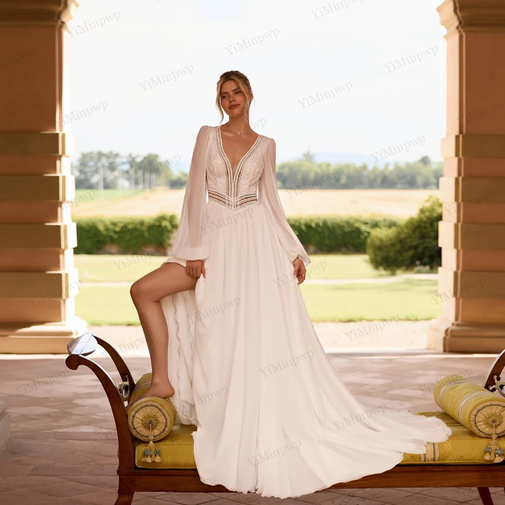 

Chiffon Wedding Dresses Puff Sleeve Doble V-Neck Applique Civil Bride Gowns For Women A-Line vestidos para mujer Customized