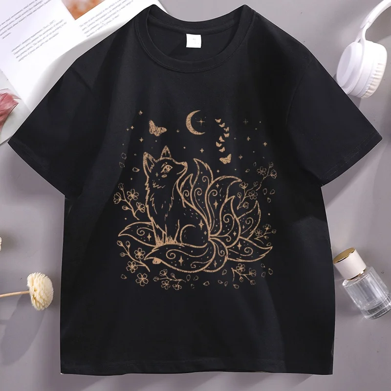 

Mystic Fox Cherry Blossom Graphic T Shirts Funny Graphic Tshirt Cotton Comfortable Short Sleeve Round Neck Tshirt Male Tees
