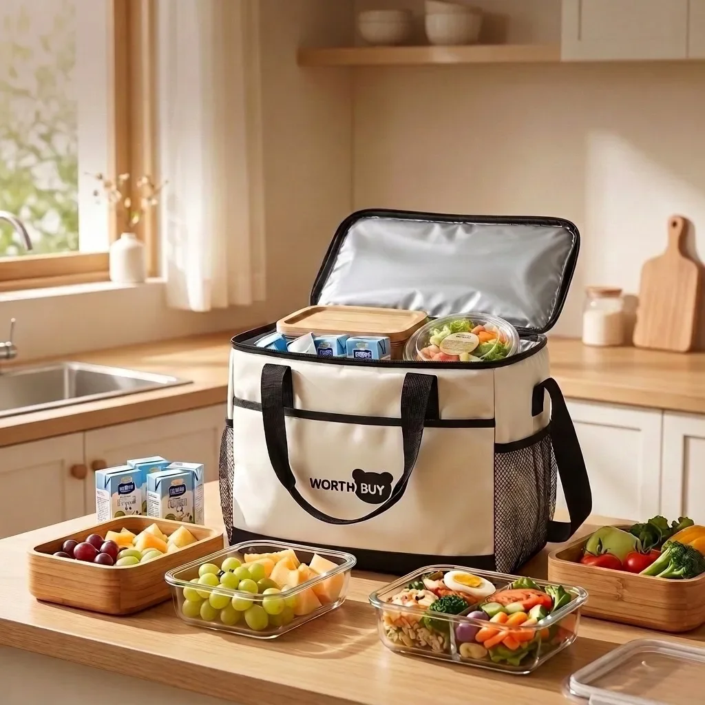 Large Capacity Oxford Thermal Lunch Bag Insulated Cooler Bento Box Bag with Shoulder Pockets for Women Men Students Work Picnic
