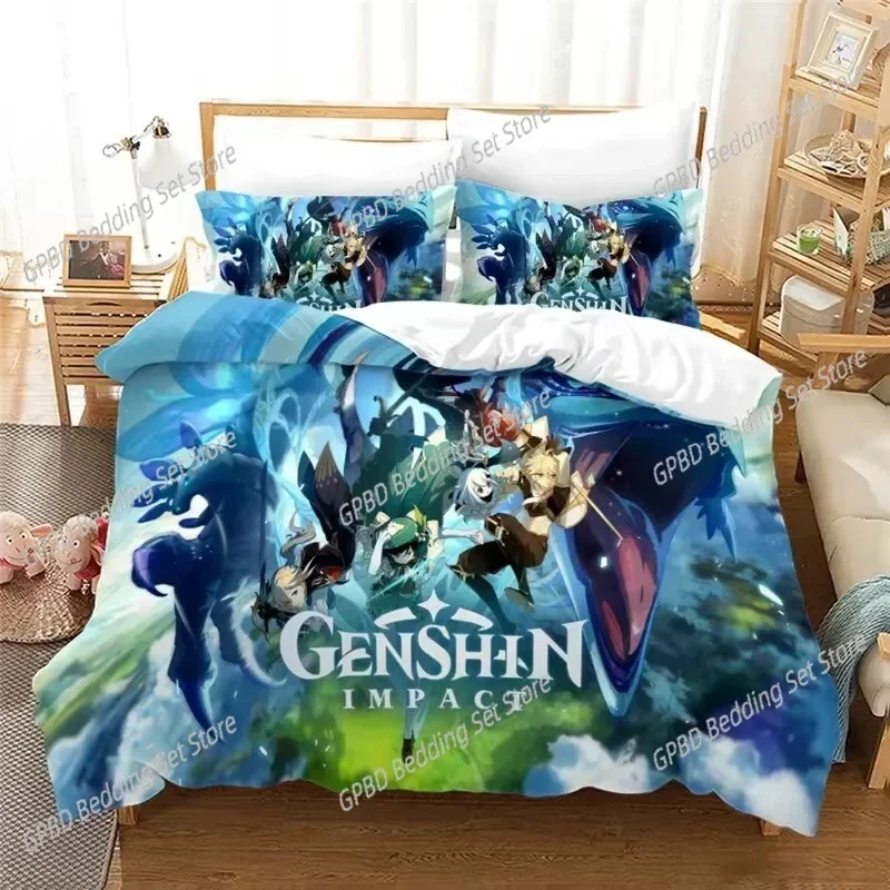 Anime Genshin Impact Paimon 3D Bedding Set Duvet Cover Pillowcases Single Twin Full Queen King Size Home Decor Quilt Boys Gift Q