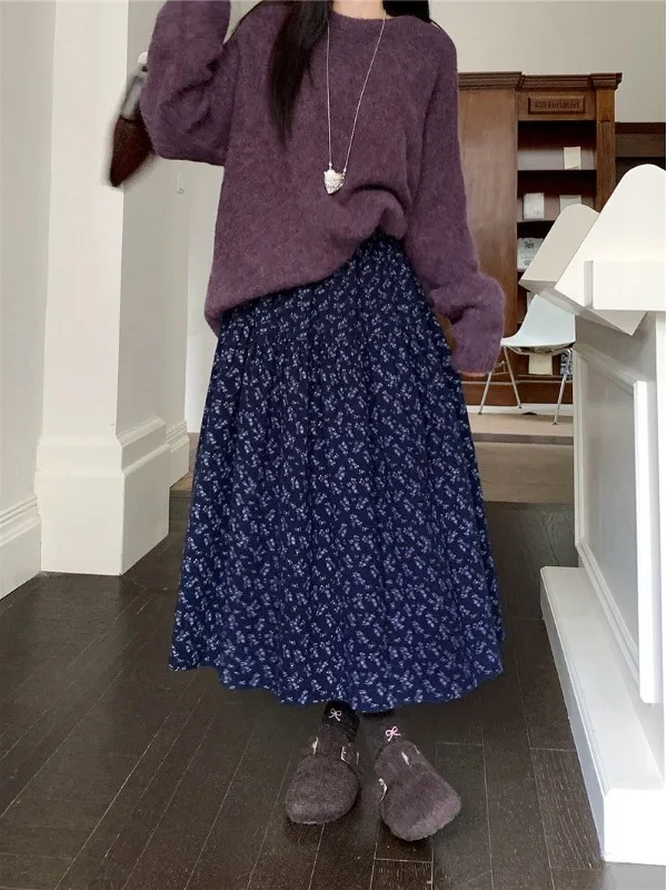 

High Waist Large Size Floral Print Half Body Skirt Korean Style Loose Casual Mid-Length A-Line Skirt for plus Size Women