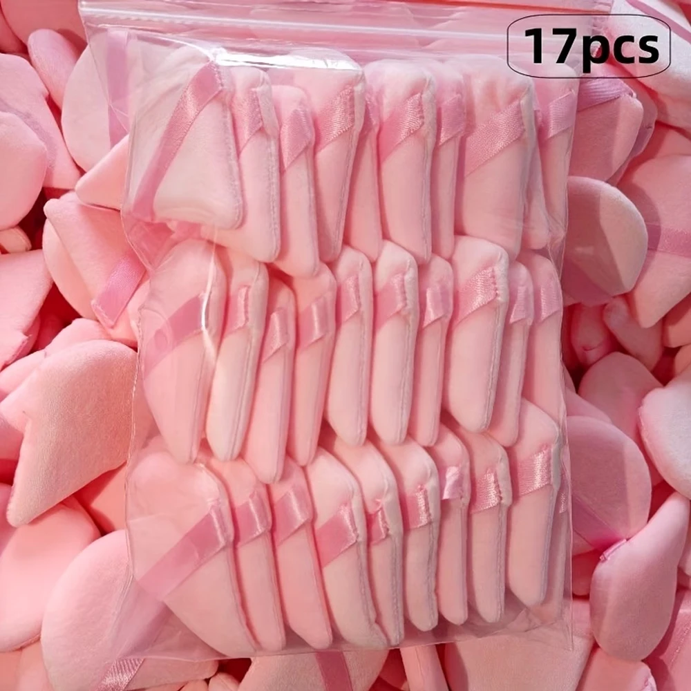 17-Piece Set of Large Pink Triangular Makeup Sponges, Specifically Designed for Applying Loose Powder and Setting Makeup. You Can Use a Loose Powder Sponge or the Tip of the Sponge to Apply Concealer and Set Makeup Around the Eye Area, Ensuring a Even and Natural Finish.