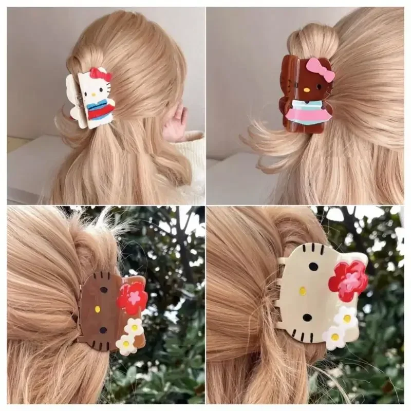 Kawaii Sanrio Y2K Anime Black Leather Hello Kitty Hair Clip Cartoon Cute Girl Big Clip Hair Bun Hairpin Akcesoria do włosów Prezent