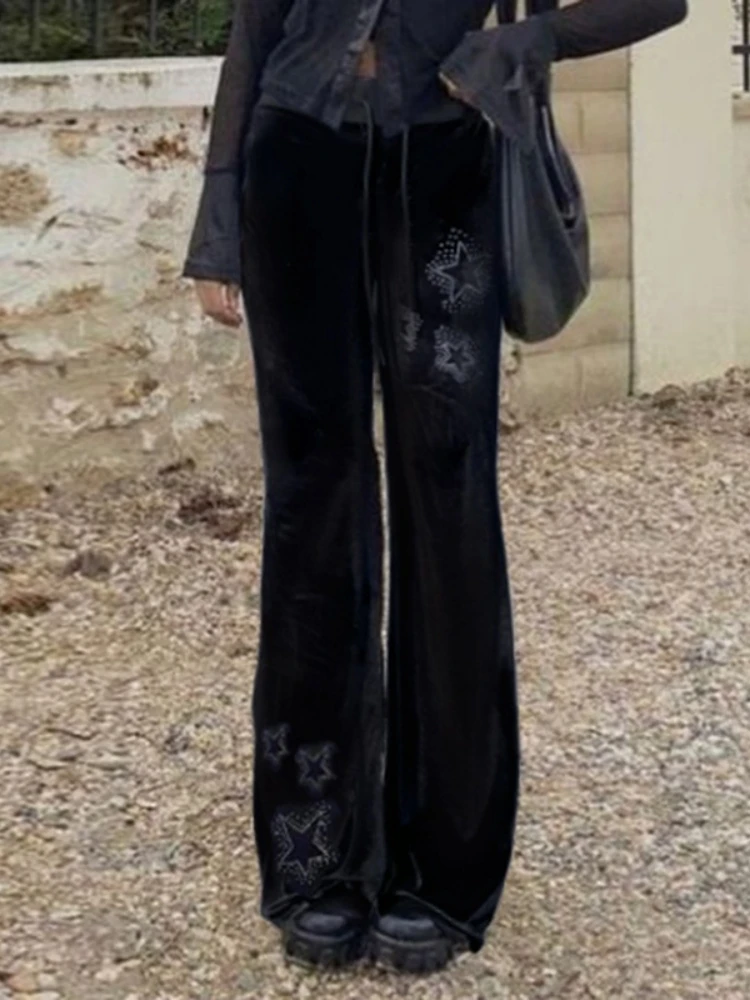 Hot Drilling Star Flare Pants Women Y2k Clothes Low Rise Trousers Black Pantalones De Mujer Lace-up Roupas Femininas Streetwear