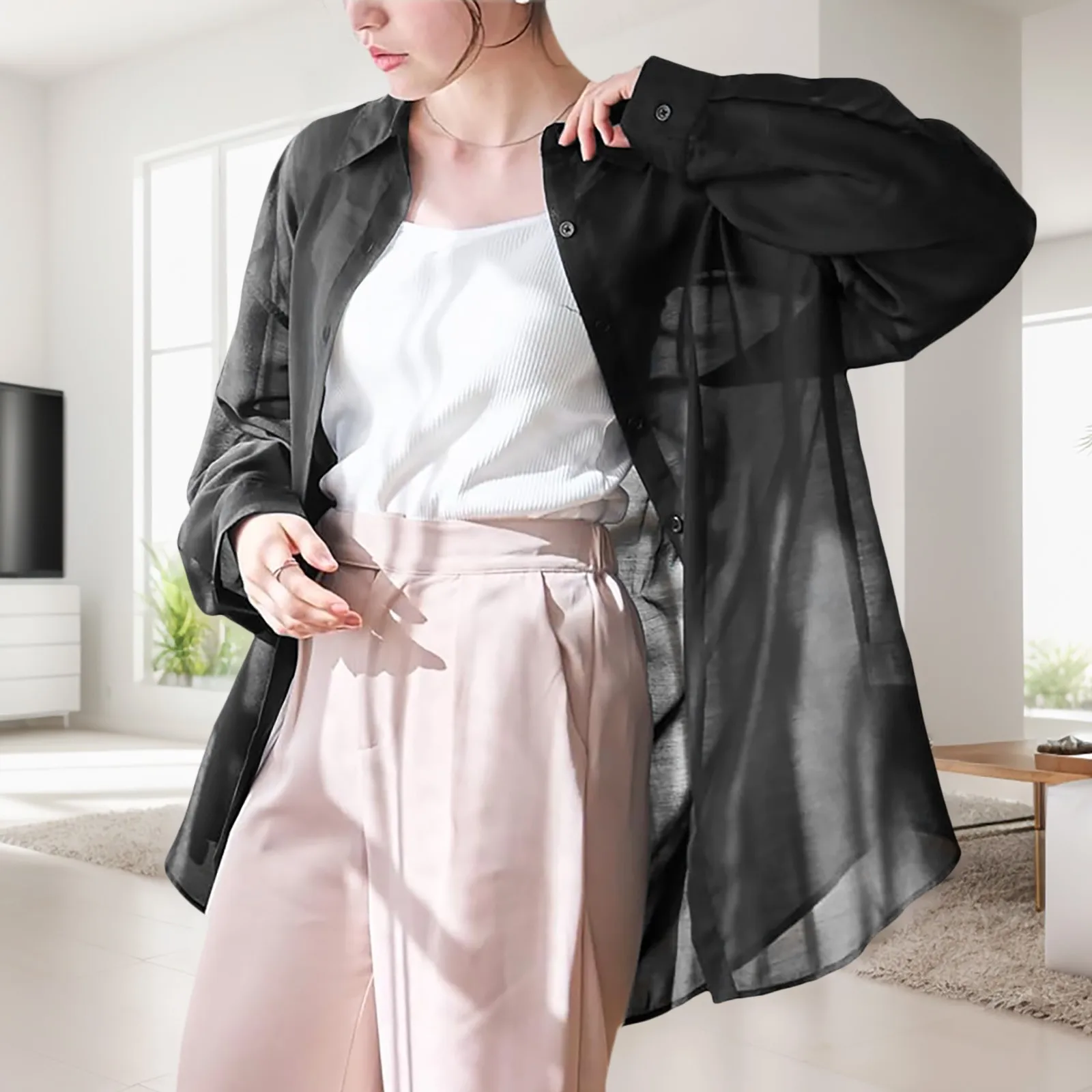 Summer Women\'s Shirt Light Thin Breathable Ice Silk Long Sleeve Sun Protection Shirt Solid Color Casual Loose Drape Blouse Shirt