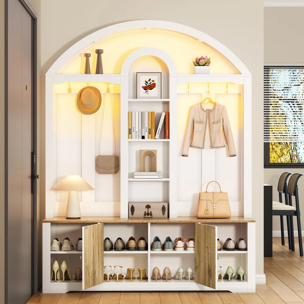 Multifunktionaler, platzsparender Eingangsschrank – robuster MDF-Kleiderschrank mit Schuhregal, Regalen und Haken, modernes, elegantes Design